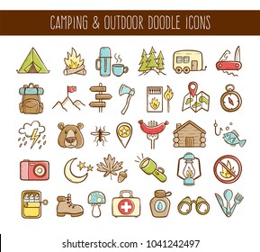 Camping and outdoor activities doodle icons. Cute hand drawn elements. Isolated icons on white background. Vector illustration.