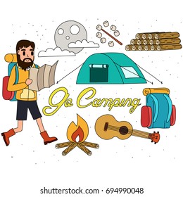 Camping and outdoor activities doodle illustration.