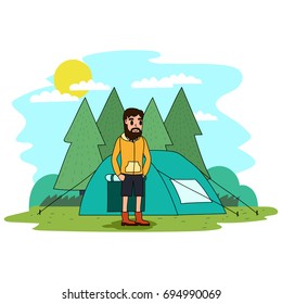 Camping and outdoor activities doodle illustration.