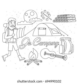 Camping and outdoor activities doodle illustration.