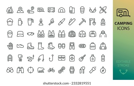 Camping and outdoor activities isolated icons set. Set of tent, camper van, trailer, sleeping bag, canoe, camp equipment, fishing boat, backpack, compass, tools, flashlight, campfire vector icon
