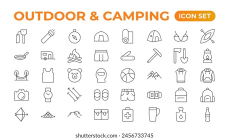 Camping and outdoor activities isolated icons set. Set of tent, camper van, trailer, sleeping bag, canoe, camp equipment, fishing boat, backpack, compass, tools, flashlight, campfire vector icon set.