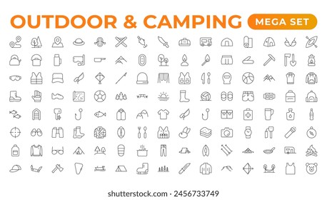 Camping and outdoor activities isolated icons set. Set of tent, camper van, trailer, sleeping bag, canoe, camp equipment, fishing boat, backpack, compass, tools, flashlight, campfire vector icon set.