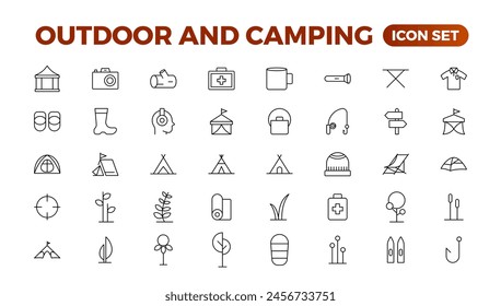 Camping and outdoor activities isolated icons set. Set of tent, camper van, trailer, sleeping bag, canoe, camp equipment, fishing boat, backpack, compass, tools, flashlight, campfire vector icon set.