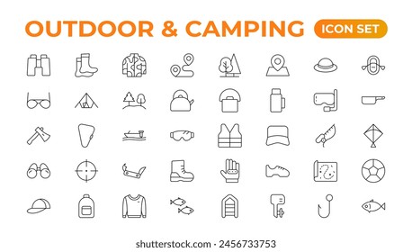 Camping and outdoor activities isolated icons set. Set of tent, camper van, trailer, sleeping bag, canoe, camp equipment, fishing boat, backpack, compass, tools, flashlight, campfire vector icon set.