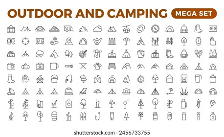 Camping and outdoor activities isolated icons set. Set of tent, camper van, trailer, sleeping bag, canoe, camp equipment, fishing boat, backpack, compass, tools, flashlight, campfire vector icon set.