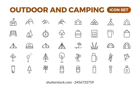 Camping and outdoor activities isolated icons set. Set of tent, camper van, trailer, sleeping bag, canoe, camp equipment, fishing boat, backpack, compass, tools, flashlight, campfire vector icon set.