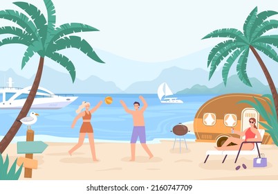 Camping and outdoor activities near sea or ocean. Summer recreation outdoor, leisure vacation beach illustration