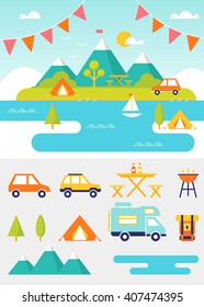 Camping and Outdoor Activities Summer Scene and Elements.