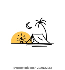 acampada de actividades al aire libre con fuego de campamento simple diseño de placa de contorno mínimo. Tienda de campaña con fuego de hoguera y palmera, ilustración vectorial de vacaciones de la naturaleza