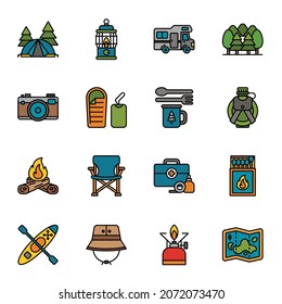 Camping and outdoor activity colored outline icons set with white background.