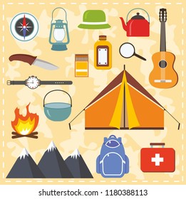 Camping and outdoor activity. Camping essentials set. Camping with tent, bonfire, guitar, backpack. Vector illustration.