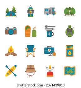 Camping and outdoor activity flat color icons set with white background.