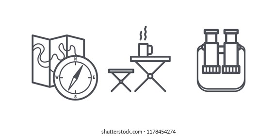 Camping and outdoor activity icons, recreation and hiking outline symbols, linear pictograms vector Illustration