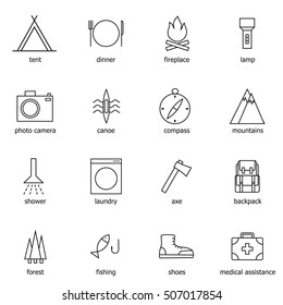 Camping and outdoor activity icons, thin line icons, tourism and recreation symbols set. Vector illustration.