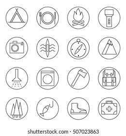 Camping and outdoor activity icons, thin line icons, tourism and recreation symbols set. Vector illustration.