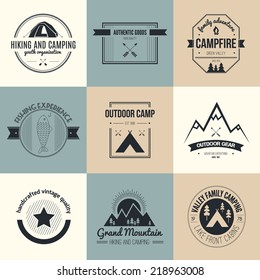 Camping And Outdoor Activity Logo Collection - Mountain Gear, Hiking, Summer Camp Labels, Badges And Design Elements Made In Flat Vintage Vector Style.