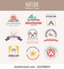 Camping And Outdoor Activity Logo Collection - Mountain Gear, Hiking, Summer Camp Labels, Badges And Design Elements Made In Flat Vintage Vector Style.