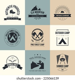 Camping And Outdoor Activity Logo Collection - Mountain Gear, Hiking, Summer Camp Labels, Badges And Design Elements Made In Flat Vintage Vector Style.