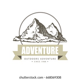 Camping and outdoor activity logo for tourism organizations, outdoor events and camping leisure. Hand drawn mountains. 