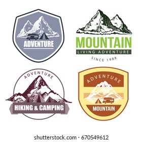Camping and outdoor activity logo for tourism organizations, outdoor events and camping leisure. Tourism, hiking and camping labels.Hand drawn mountains. Outdoor camp and Mountain Logo Badges.