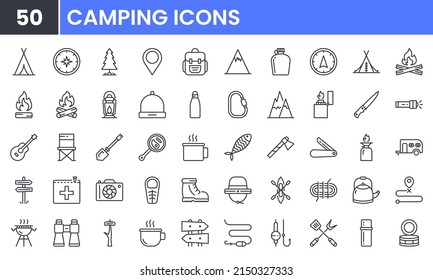 Camping and Outdoor Activity vector line icon set. Contains linear outline icons like Hiking, Travel, Picnic, Fire, Fish, Mountain, Tree, Backpack, Compass, Tent, Shovel. Editable use and stroke.