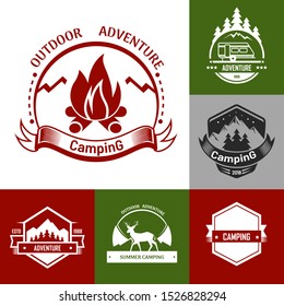 Camping outdoor adventure colourful set of logo and badge designs with mountains, forest trees, stars and campfire, flat concept vector illustration