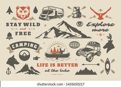 Camping and outdoor adventure design elements set, quotes and icons vector illustration. Mountains, wild animals and other. Good for t-shirts, mugs, greeting cards, photo overlays and posters