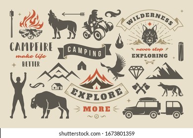 Camping and outdoor adventure design elements set, quotes and icons vector illustration. Mountains, wild animals and other. Good for t-shirts, mugs, greeting cards, photo overlays and posters