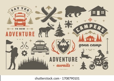 Camping and outdoor adventure design elements set, quotes and icons vector illustration. Mountains, wild animals and other. Good for t-shirts, mugs, greeting cards, photo overlays and posters