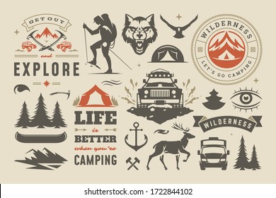 Camping and outdoor adventure design elements set, quotes and icons vector illustration. Mountains, wild animals and other. Good for t-shirts, mugs, greeting cards, photo overlays and posters