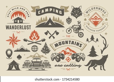 Camping and outdoor adventure design elements set, quotes and icons vector illustration. Mountains, wild animals and other. Good for t-shirts, mugs, greeting cards, photo overlays and posters