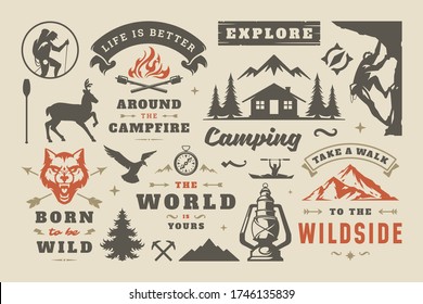 Camping and outdoor adventure design elements set, quotes and icons vector illustration. Mountains, wild animals and other. Good for t-shirts, mugs, greeting cards, photo overlays and posters