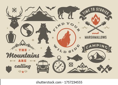 Camping and outdoor adventure design elements set, quotes and icons vector illustration. Mountains, wild animals and other. Good for t-shirts, mugs, greeting cards, photo overlays and posters