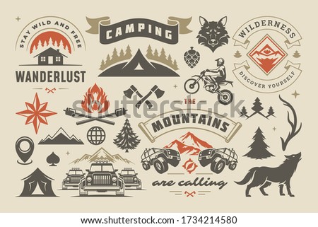 Camping and outdoor adventure design elements set, quotes and icons vector illustration. Mountains, wild animals and other. Good for t-shirts, mugs, greeting cards, photo overlays and posters