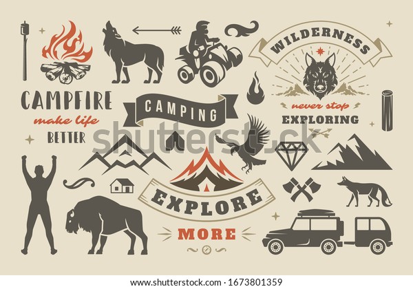 Camping\
and outdoor adventure design elements set, quotes and icons vector\
illustration. Mountains, wild animals and other. Good for t-shirts,\
mugs, greeting cards, photo overlays and\
posters