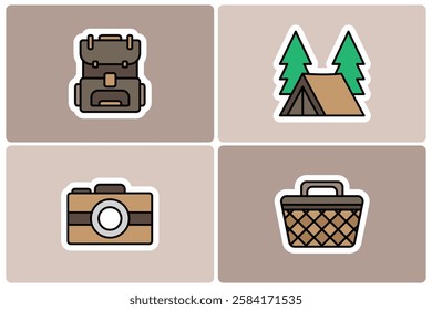 Camping and Outdoor Adventure Doodle Icon Sticker Set. Backpack, Tent, Camera, and Picnic Basket