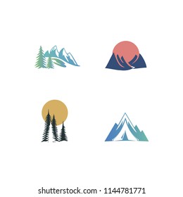 Camping outdoor adventure emblems, badges and logo patches. Mountain tourism, hiking. Forest camp labels. Camp tent in forest or mountains. Camping equipment. Vector.