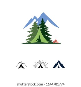Camping outdoor adventure emblems, badges and logo patches. Mountain tourism, hiking. Forest camp labels. Camp tent in forest or mountains. Camping equipment. Vector.