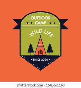 Camping outdoor adventure emblems, badges and logo patches. Mountain tourism, hiking. Forest camp labels in vintage style