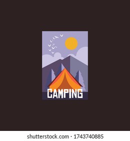 camping and outdoor adventure emblems, logos and badges. Camp tent in forest or mountains. Camping equipment. Vector.