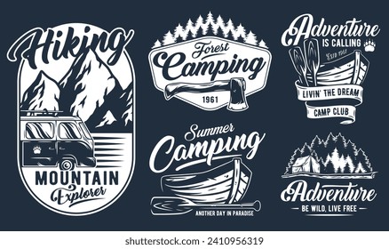 Camping outdoor adventure emblems set, summer forest camp fire, wild life explore