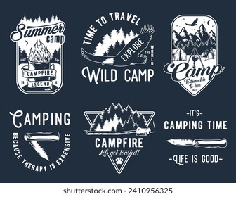 Camping outdoor adventure emblems set, summer forest camp fire, wild life explore