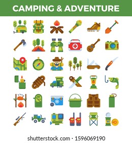 Camping and outdoor adventure flat icons. Pixel perfect icon. Vector illustration