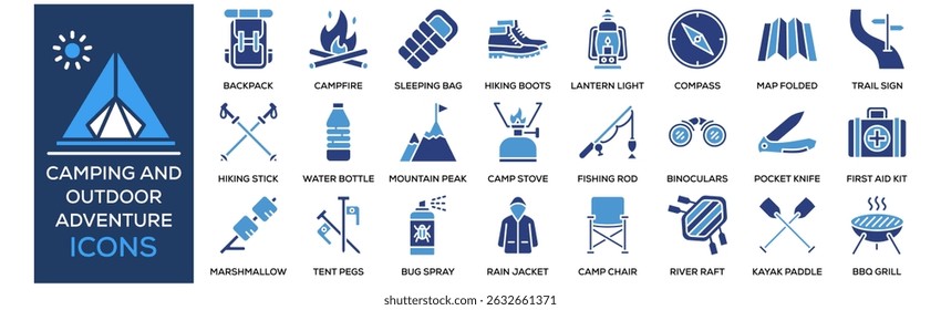 Camping and Outdoor Adventure icon collection set. Containing design Camping Tent, Backpack Gear, Campfire Flames, Sleeping Bag, Hiking Boots