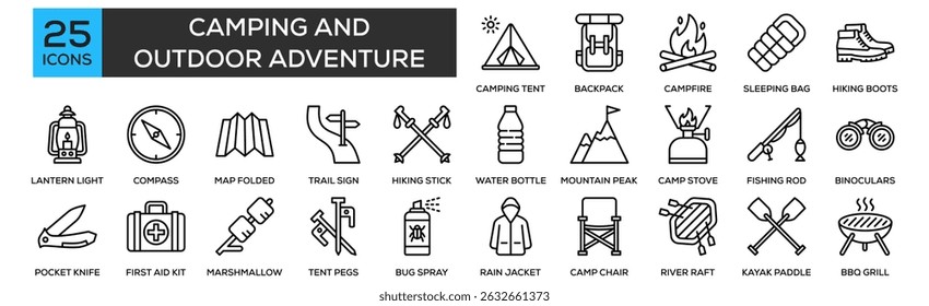 Camping and Outdoor Adventure icon collection set. Containing design Camping Tent, Backpack Gear, Campfire Flames, Sleeping Bag, Hiking Boots