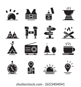 Camping and Outdoor Adventure Icon Set Vector Glyphs of Eco-Tourism Tent Backpack Campfire Compass Kayak Hiking Travel and Wilderness Exploration Black Silhouettes