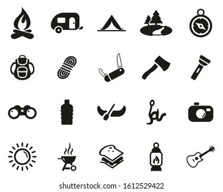 Camping Or Outdoor Adventure Icons Black & White Set Big