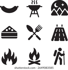 Camping and Outdoor Adventure Icons Collection Featuring Barbecue, Hiking, Campfire, Food, and Scenic Mountain Views Under the Night Sky