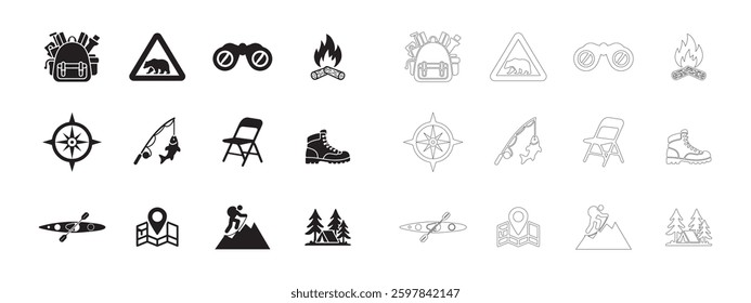 Camping and Outdoor Adventure Icons Set. Editable minimalist and outline vector icons. Perfect for web and app interfaces, presentations, info graphics, etc. In black color on a white background.
